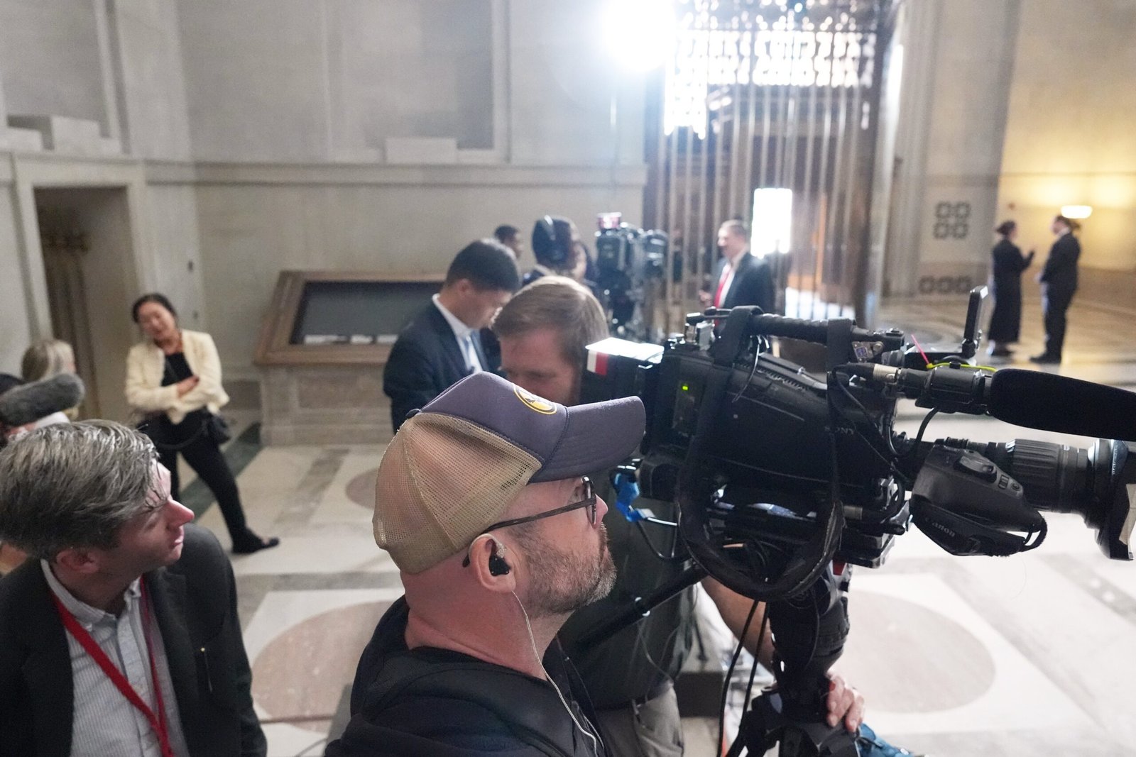 A CNN camera crew is set up to cover the visit by US President Donald Trump and China’s President Xi Jinping to the National Archives in Washington on Friday. Photo: AP