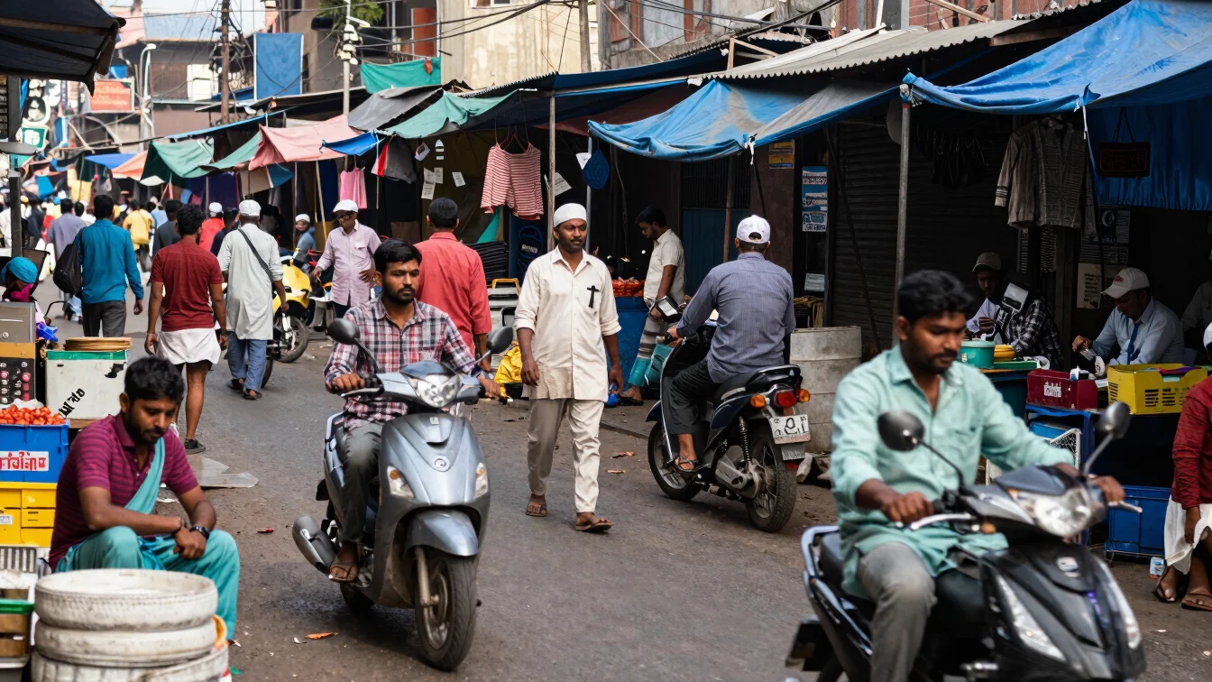 Candid photojournalism of a bustling Indian market, natural dayli