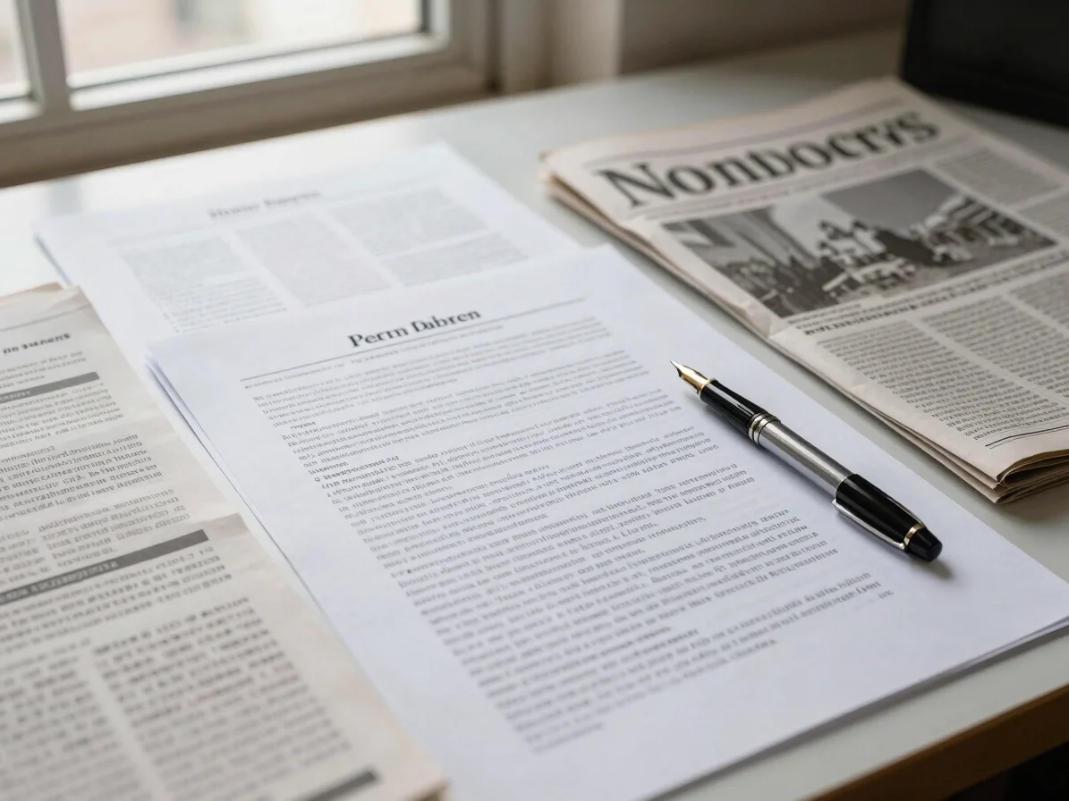 Photojournalism wide shot of an editorial desk with research papers, fountain pen, and newspaper proofs under natural wi