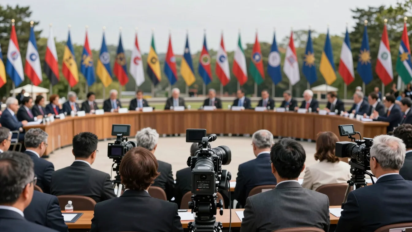 Photojournalism of a global summit, flags in background, delegate