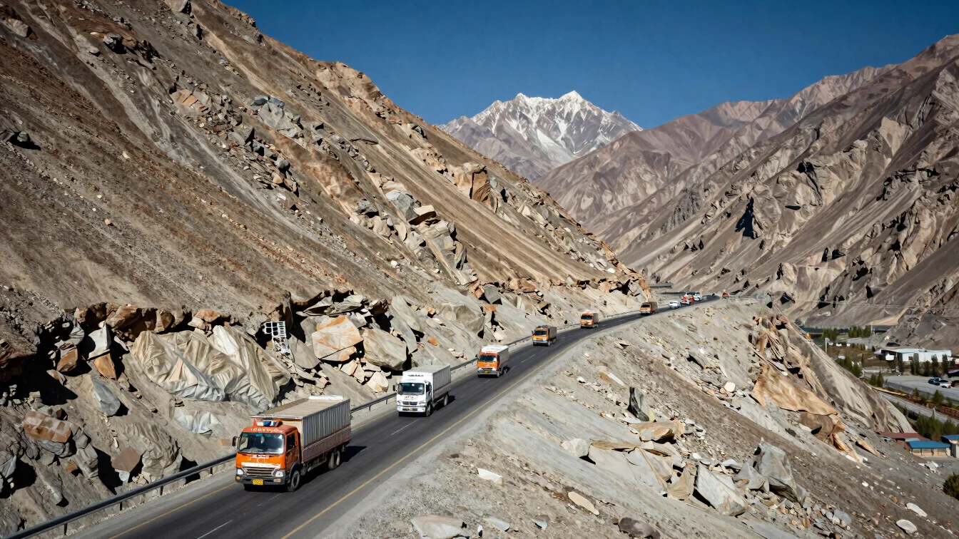 Press photojournalism of a mountain highway border pass in Jammu and Kashmir with transport trucks under sharp sunlight