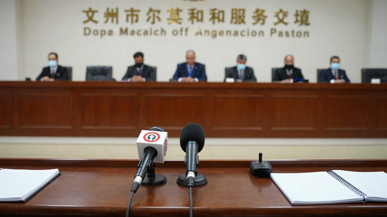 Documentary photojournalism of a government administrative press hall with microphones and media notebooks