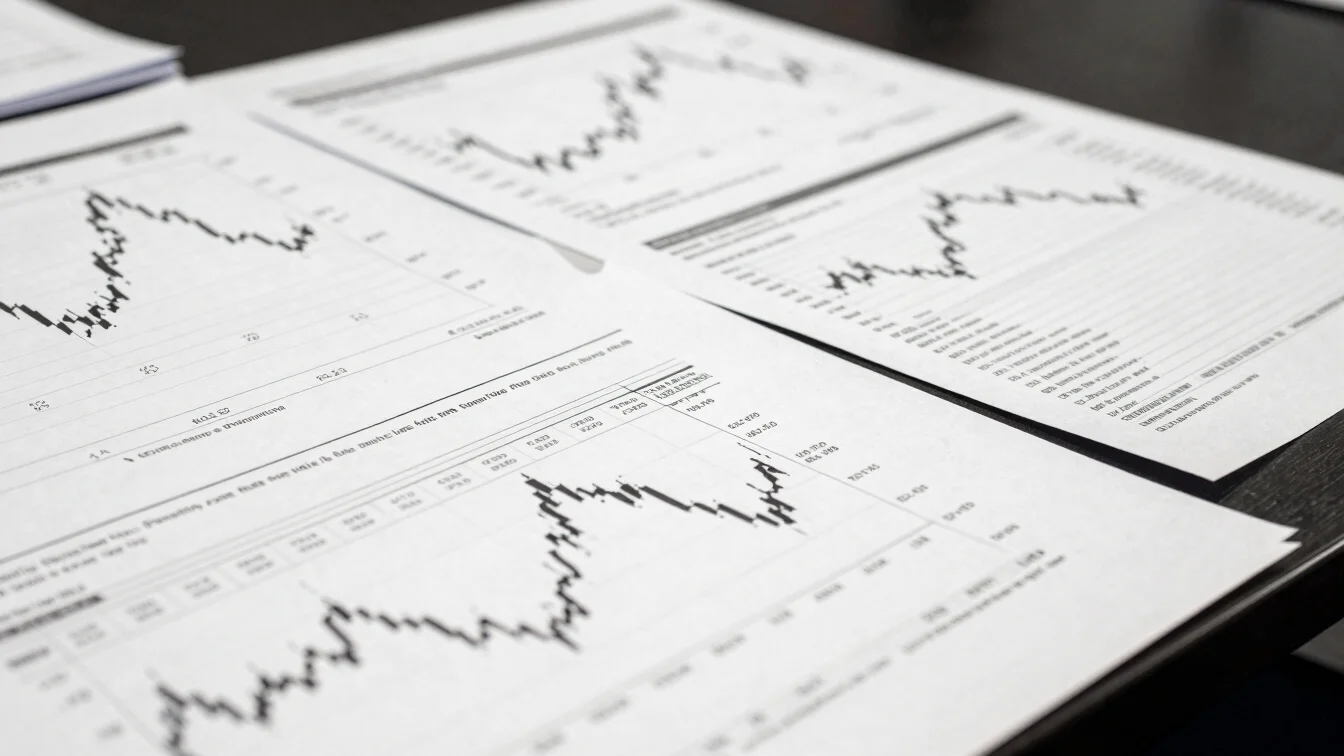 High-contrast press photography of financial charts and economic briefing documents on a conference desk