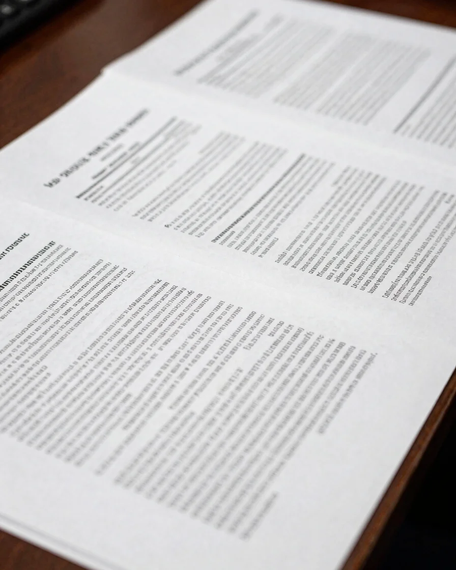 High-contrast photojournalism shot of investigative reporters examining printed legislative documents under bright press