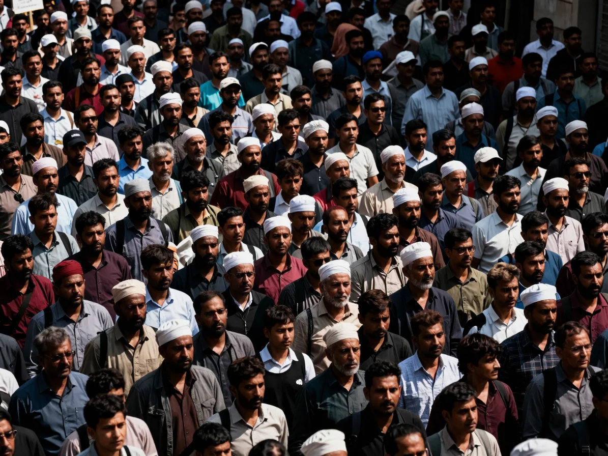 Photojournalistic wide shot of a crowd during a protest in Kashmi