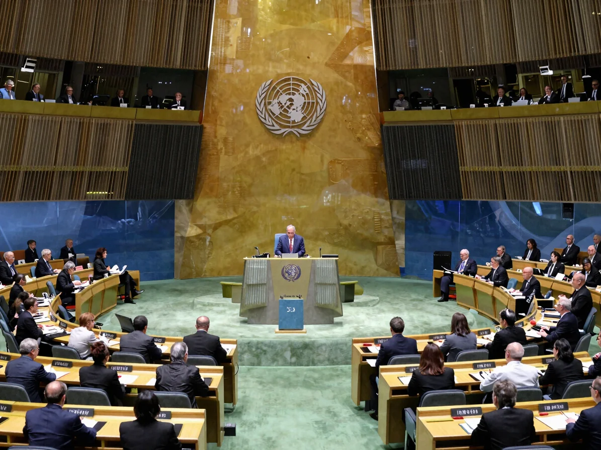 Photojournalistic wide shot of a UN summit hall, delegates in dis