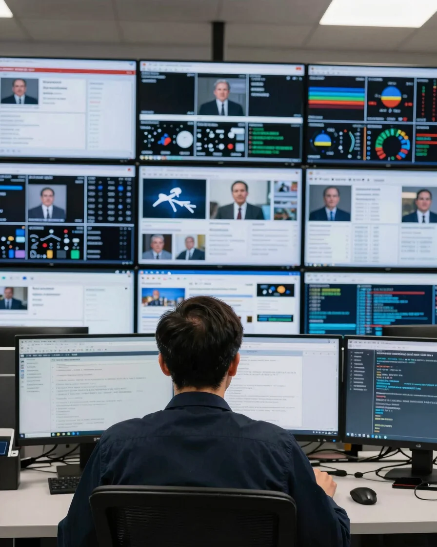 A journalist in a newsroom, focused on multiple screens displayin
