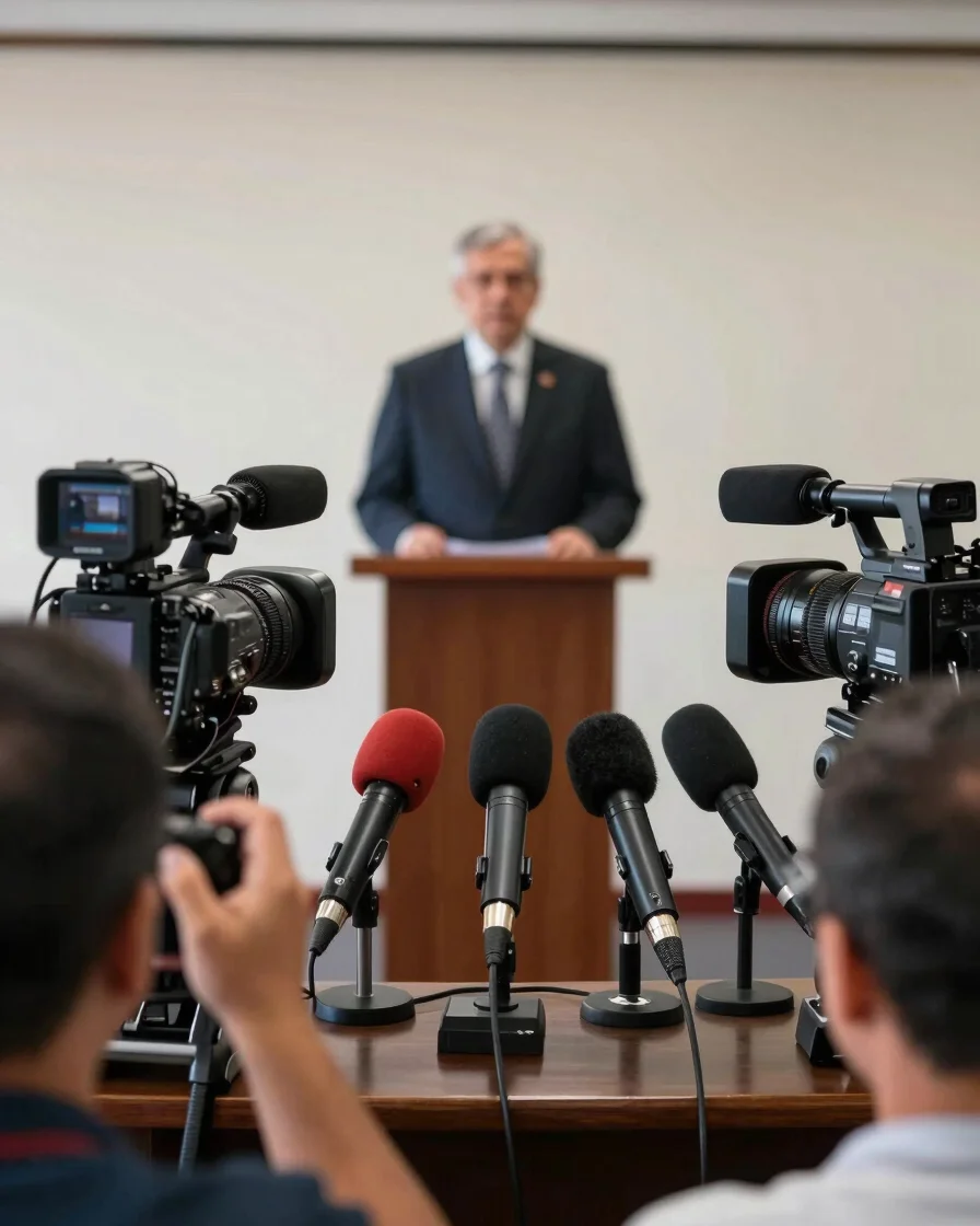 Photojournalism image of a press briefing, with microphones and r