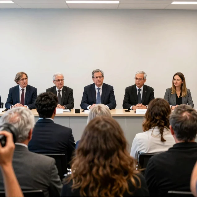 Photojournalistic wide shot of a press conference, crisp indoor l