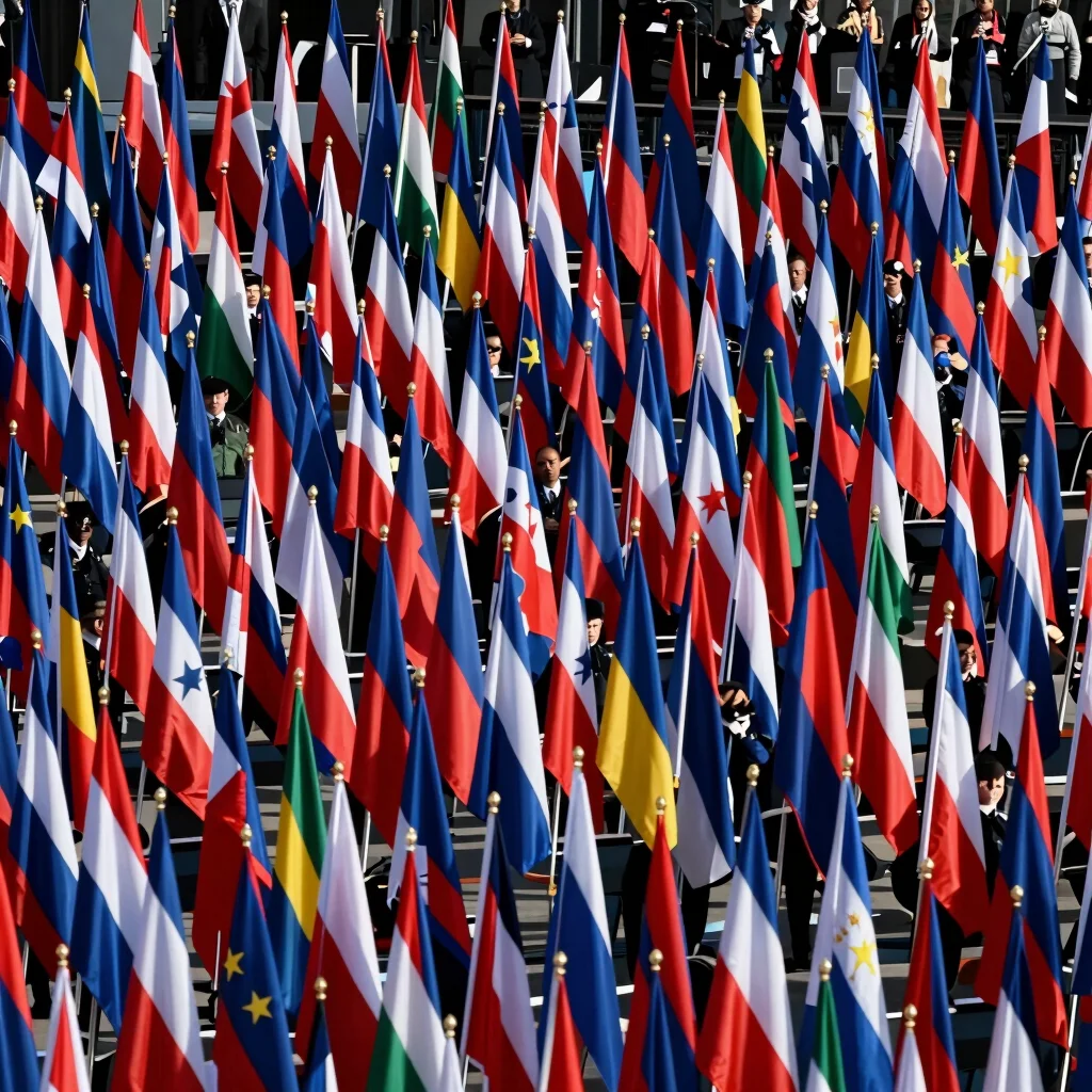 Geopolitical event, wide shot with flags and officials, high cont